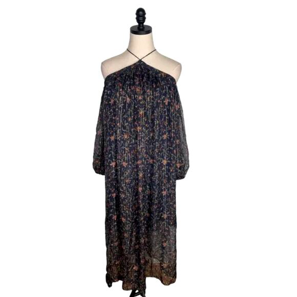 Zimmermann 3 Havoc Suspend SILK Maxi Dress Metallic Threads Off Shoulder Navy L - Picture 3 of 14